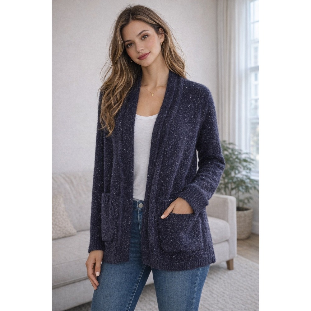 Anthropologie Pilcro Fuzzy Navy Open Front Cardigan One Size Cozy Soft Sweater